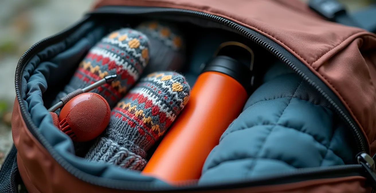 Vue macro détaillée d'un sac de festival ouvert révélant l'équipement essentiel quatre saisons