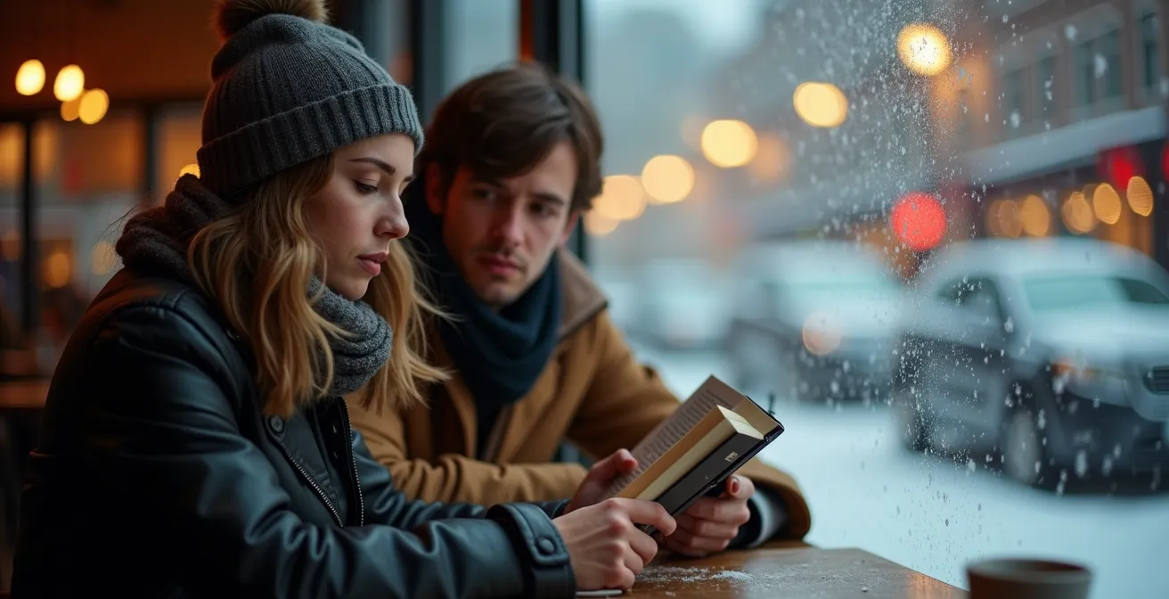 Personne lisant dans un café montréalais avec vue sur la ville enneigée