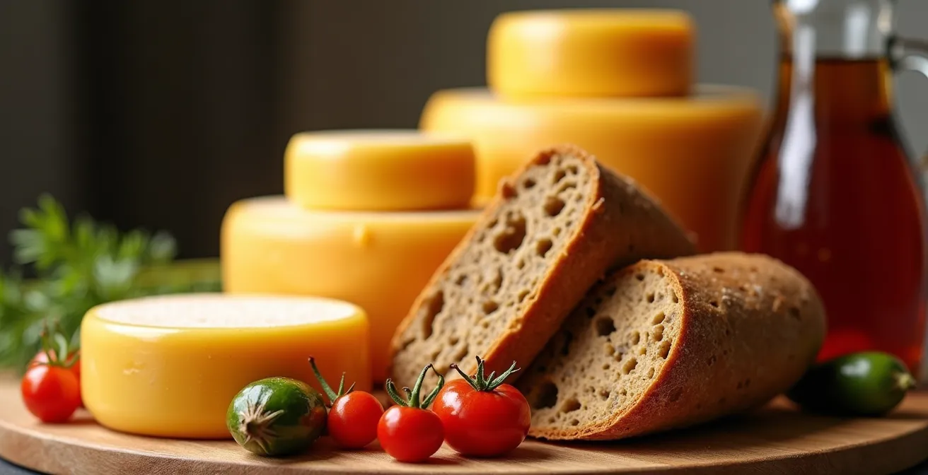 Arrangement artistique de produits québécois certifiés avec différents niveaux de certification visible