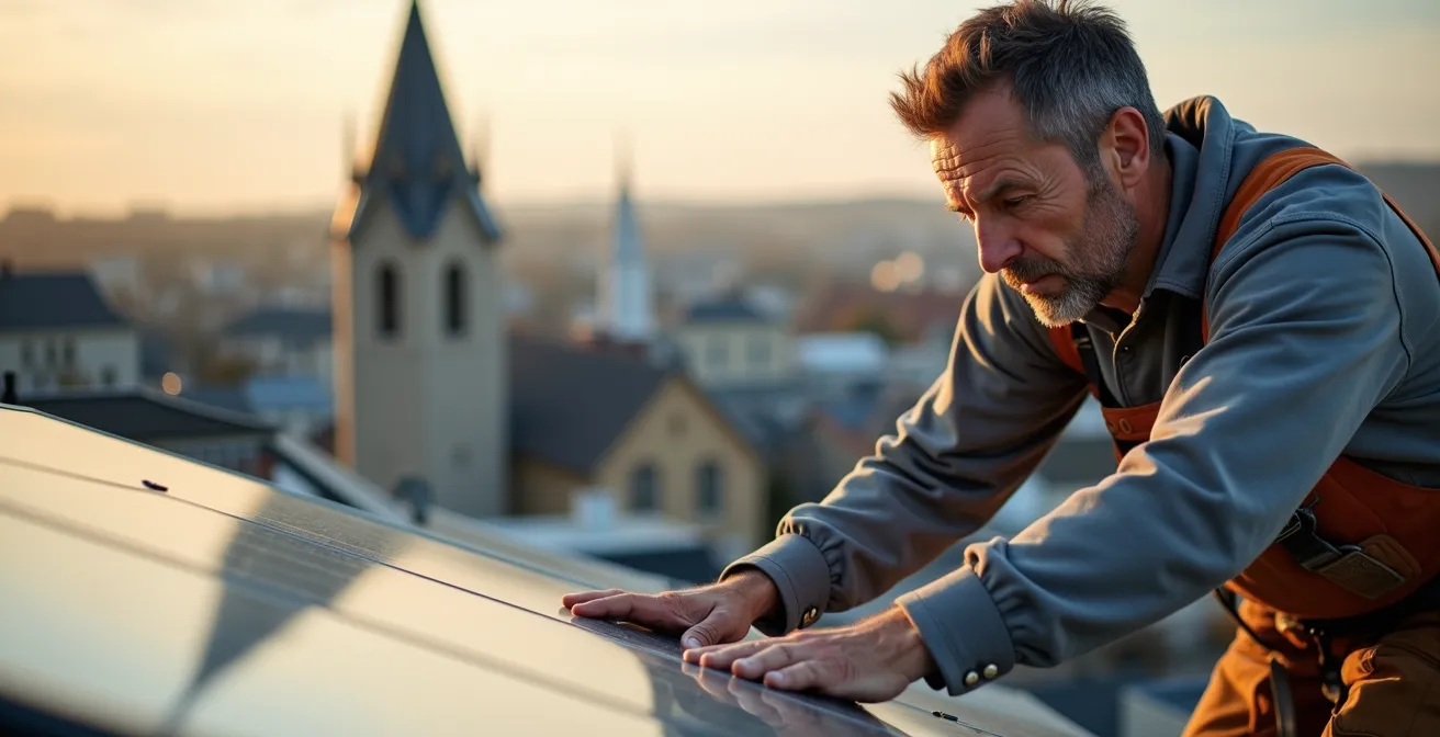 Travailleur de la construction installant des panneaux solaires sur un toit au Québec