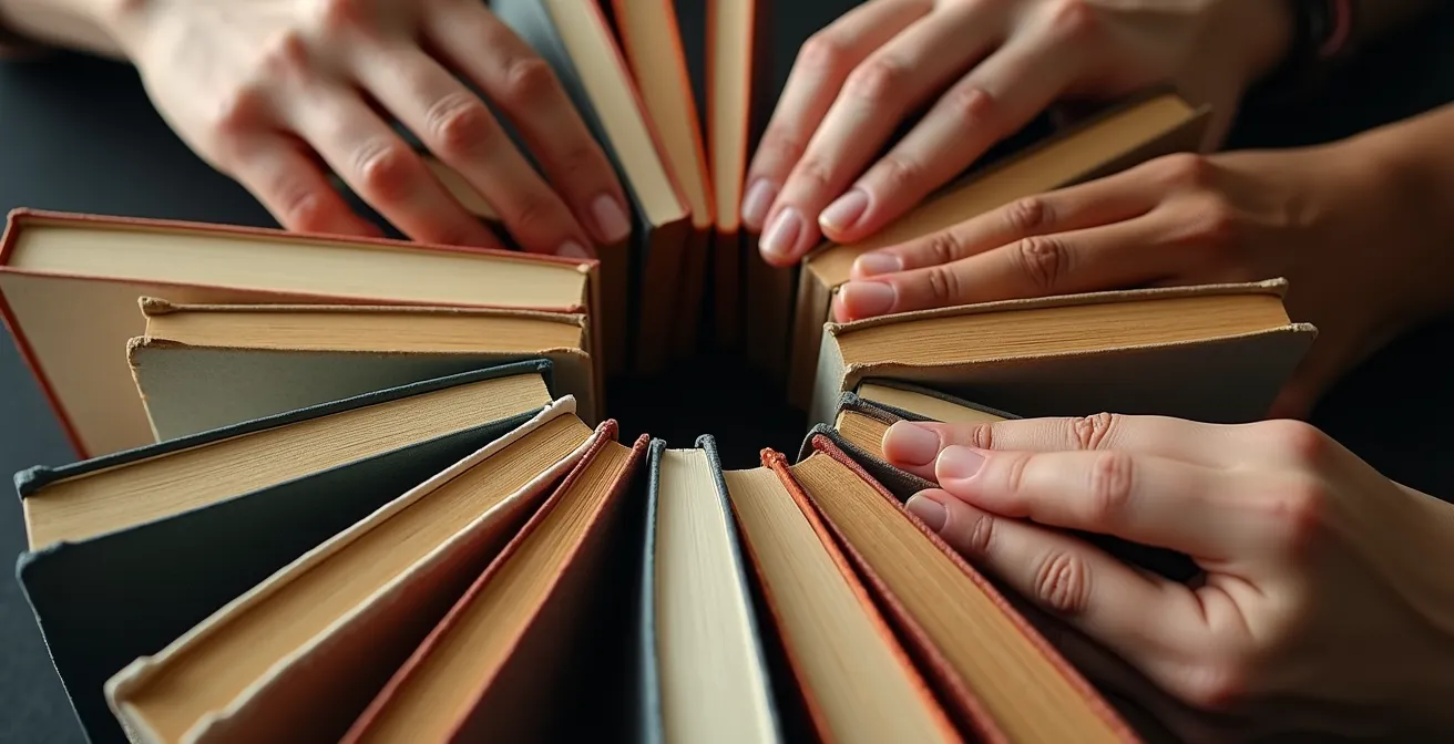 Vue macro de mains diverses tenant différents livres dans un espace urbain