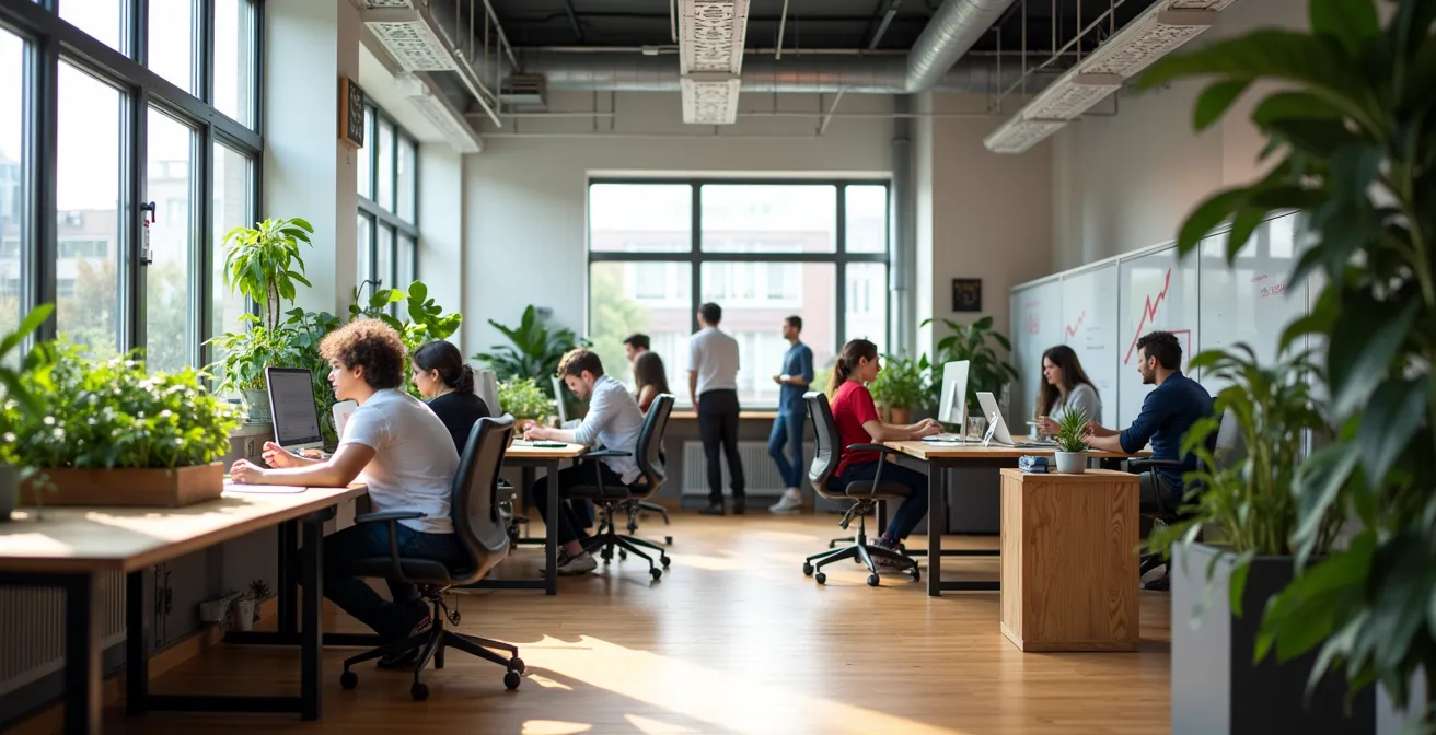 Espace de coworking moderne québécois avec entrepreneurs diversifiés travaillant sur des projets durables