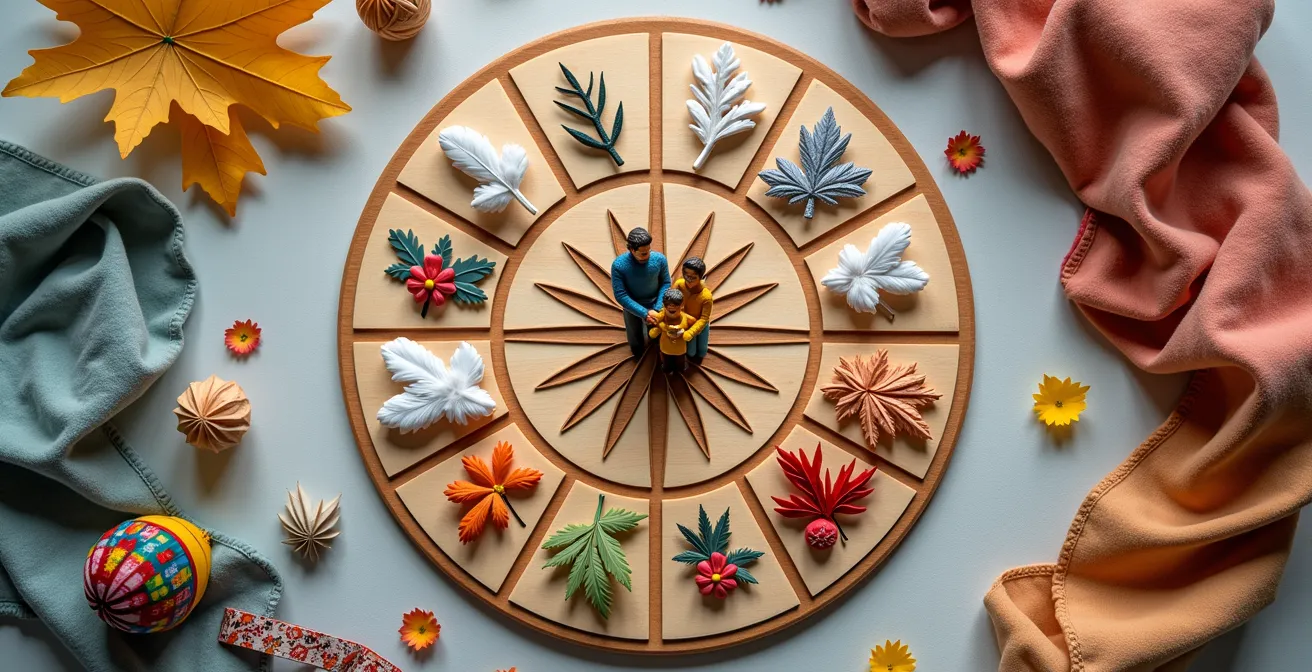 Calendrier circulaire illustré des festivals québécois avec icônes saisonnières et famille au centre