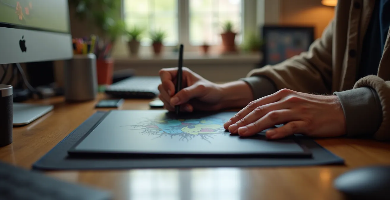 Artiste numérique travaillant sur une tablette graphique dans un studio créatif montréalais