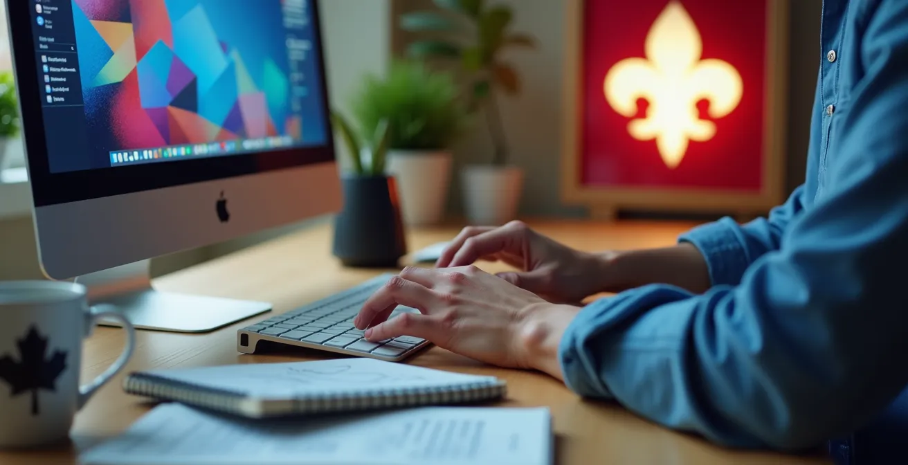 Développeur travaillant sur un projet portfolio avec des maquettes d'applications québécoises