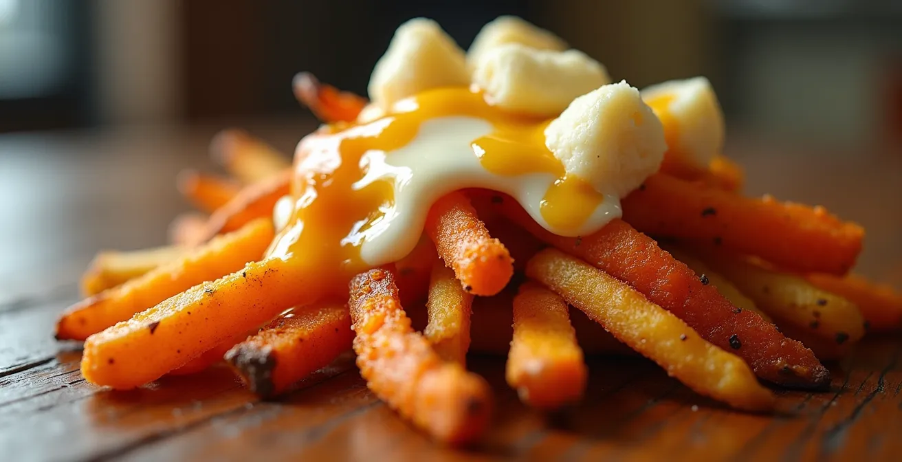 Poutine santé avec frites de légumes-racines colorés et fromage allégé sur planche de bois