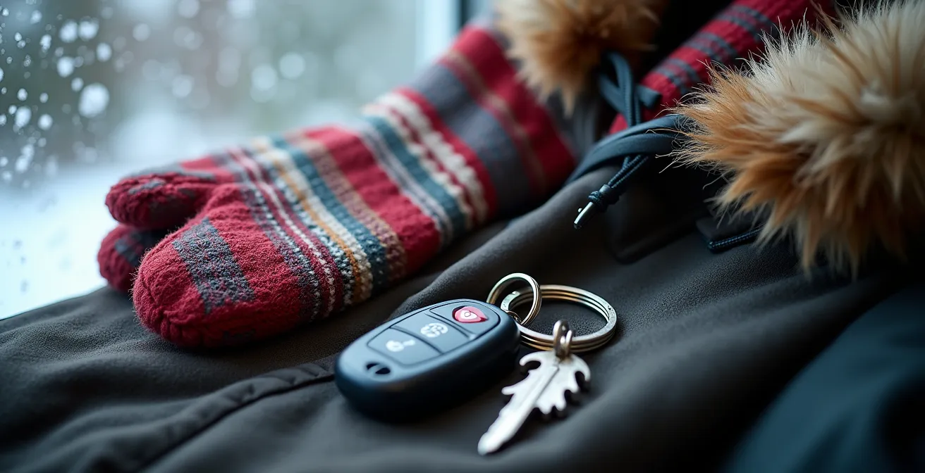 Équipement d'hiver québécois disposé sur une surface en bois avec neige visible à l'extérieur