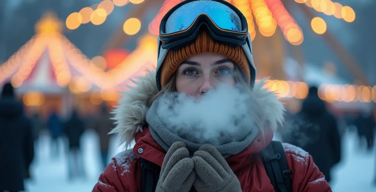 Personne bien emmitouflée pour le froid, avec la vapeur de sa respiration visible, montrant l'importance de se protéger.