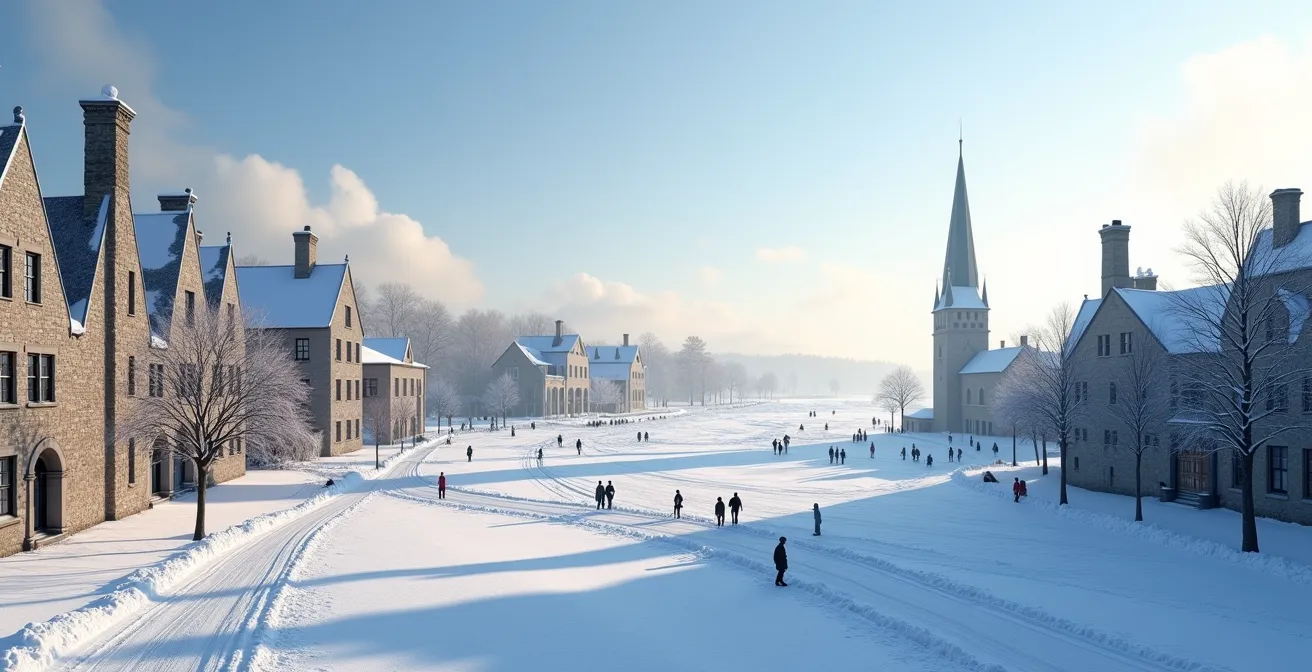 Vue panoramique du Vieux-Québec enneigé avec fumée s'échappant des cheminées au coucher du soleil.