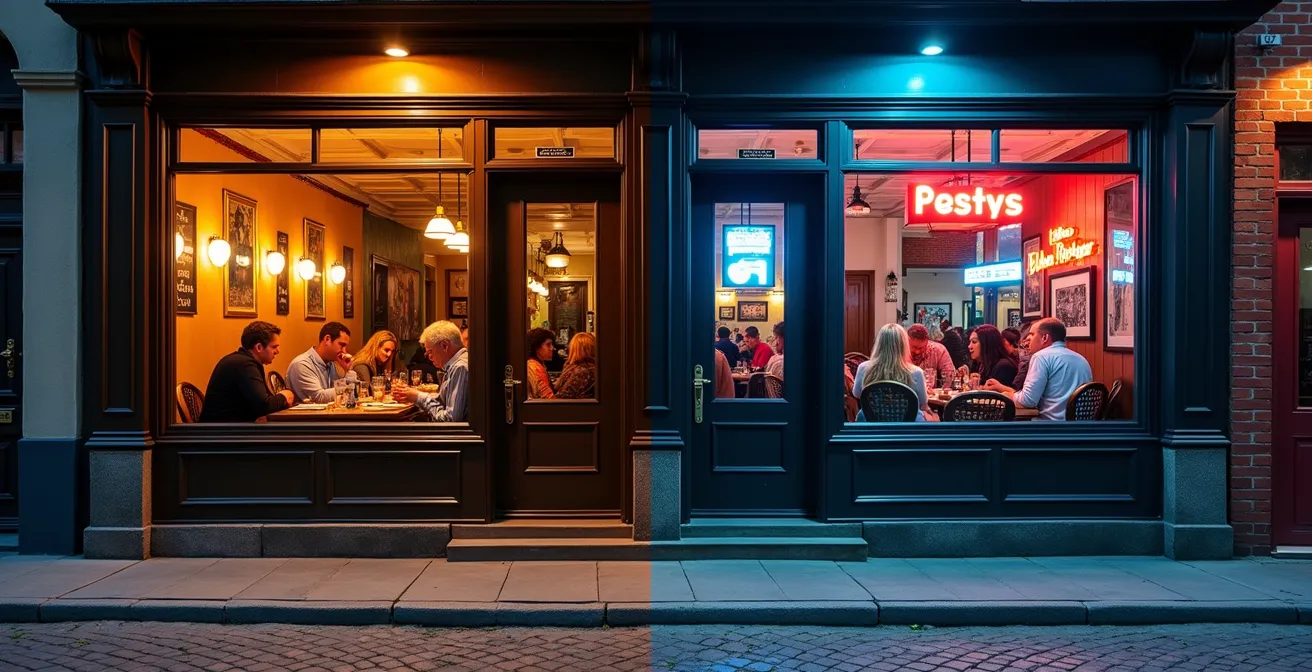 Contraste visuel entre deux devantures de restaurants montréalais, l'un authentique et l'autre touristique