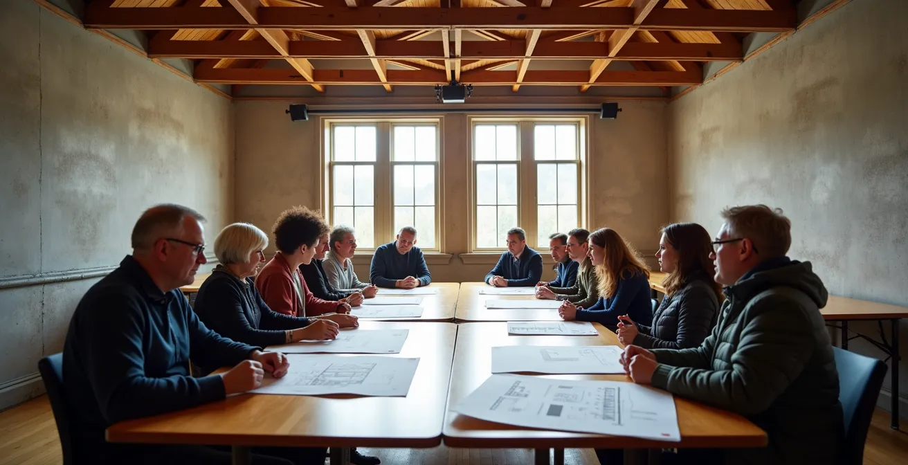 Réunion citoyenne dans un centre communautaire avec plans et documents patrimoniaux