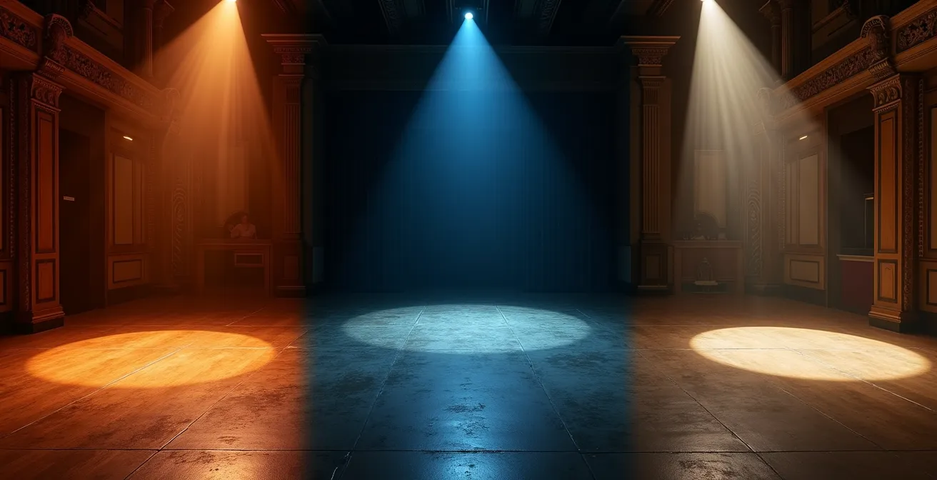 Montage visuel de trois espaces théâtraux québécois distincts montrant différents styles de mise en scène