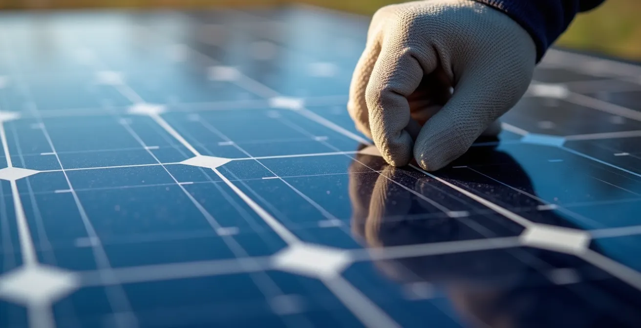 Technicien travaillant sur des panneaux solaires avec paysage québécois en arrière-plan