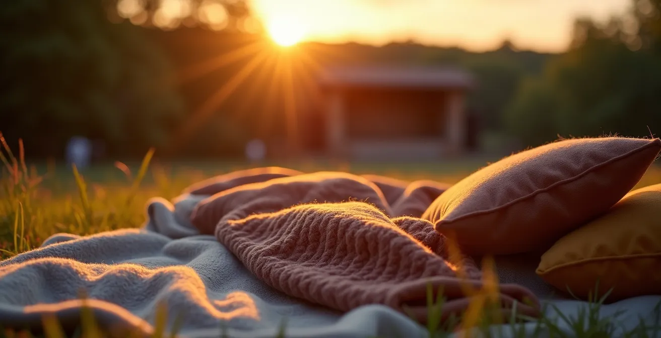 Scène de théâtre extérieur au Québec au crépuscule avec spectateurs confortablement installés