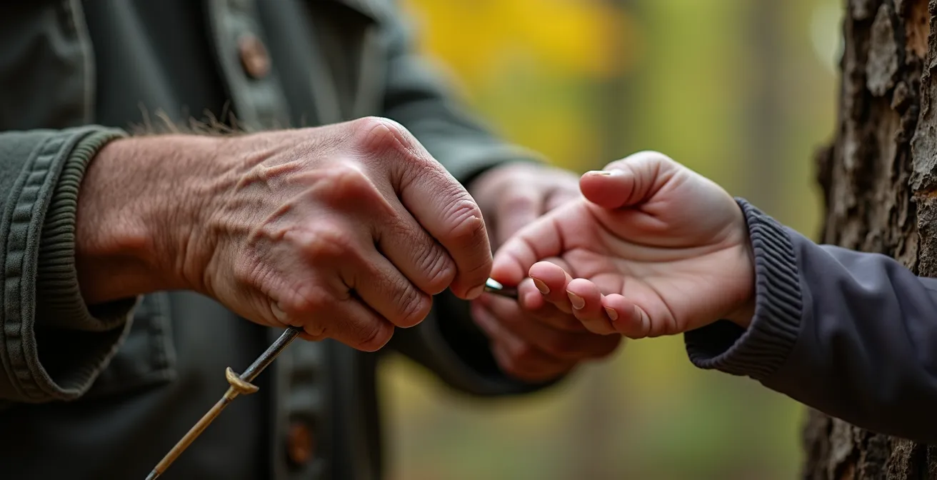 Grand-parent québécois montrant à un enfant comment entailler un érable avec outils ancestraux