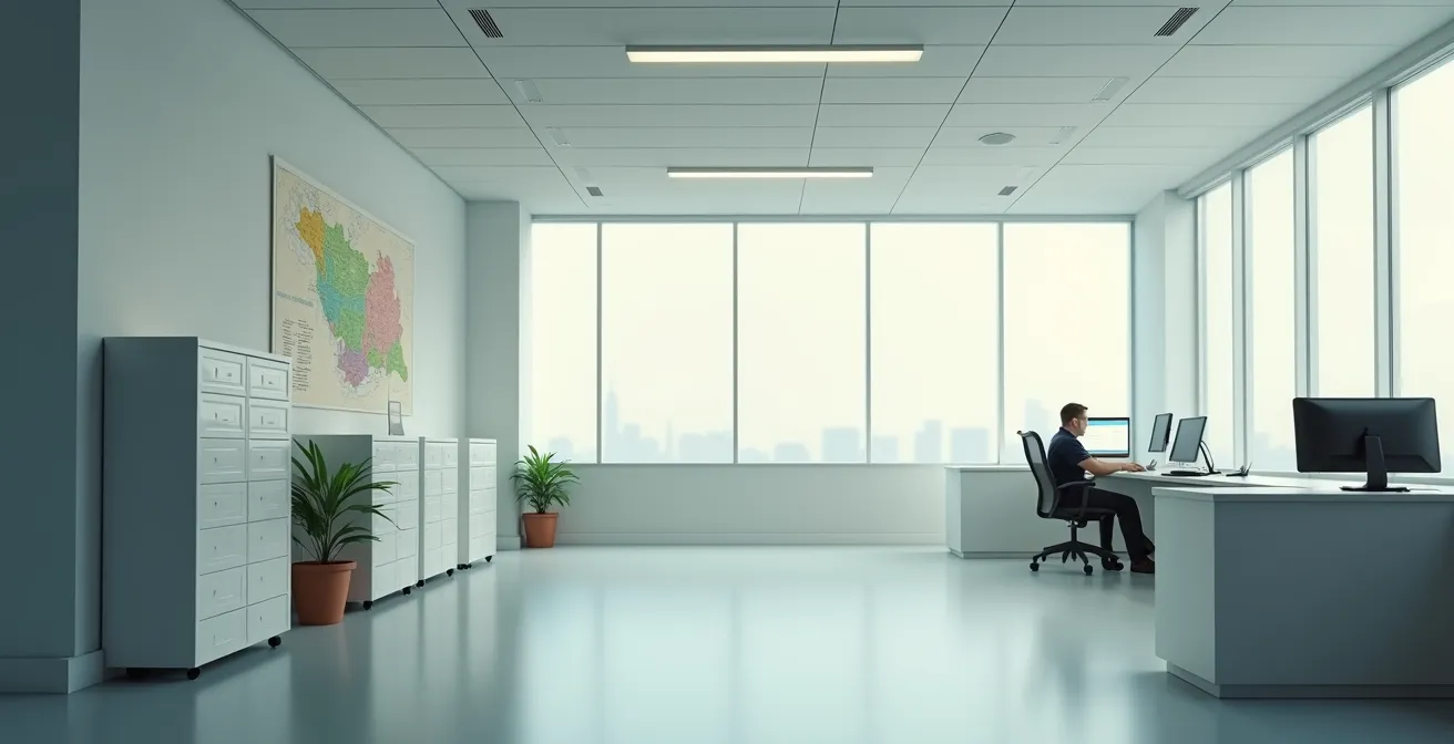 Bureau d'agent d'immigration analysant des dossiers avec carte du Québec en arrière-plan