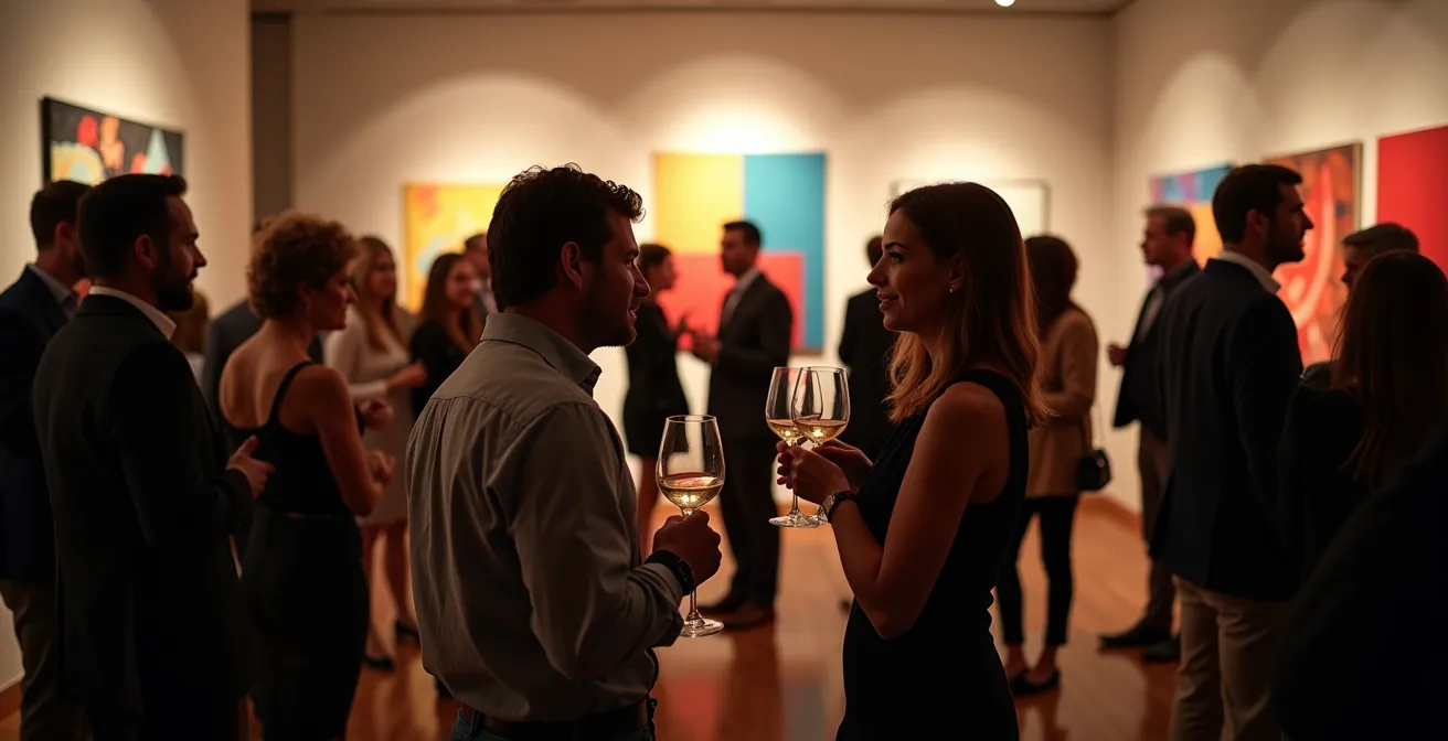 Vernissage intime dans une galerie d'art montréalaise avec visiteurs discutant devant des œuvres