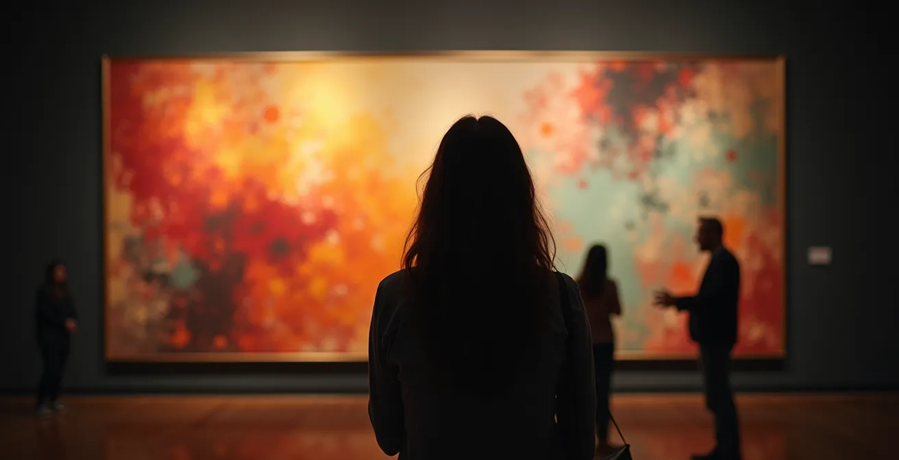 Personne en contemplation devant une œuvre d'art abstrait colorée dans un musée