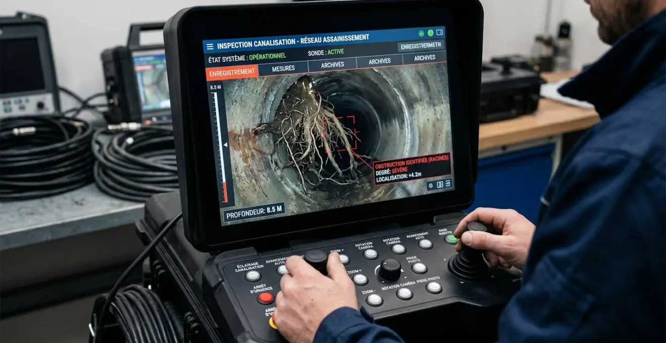 Écran de contrôle professionnel affichant en haute définition l'intérieur d'une canalisation avec détection d'obstruction par racines, interface en français