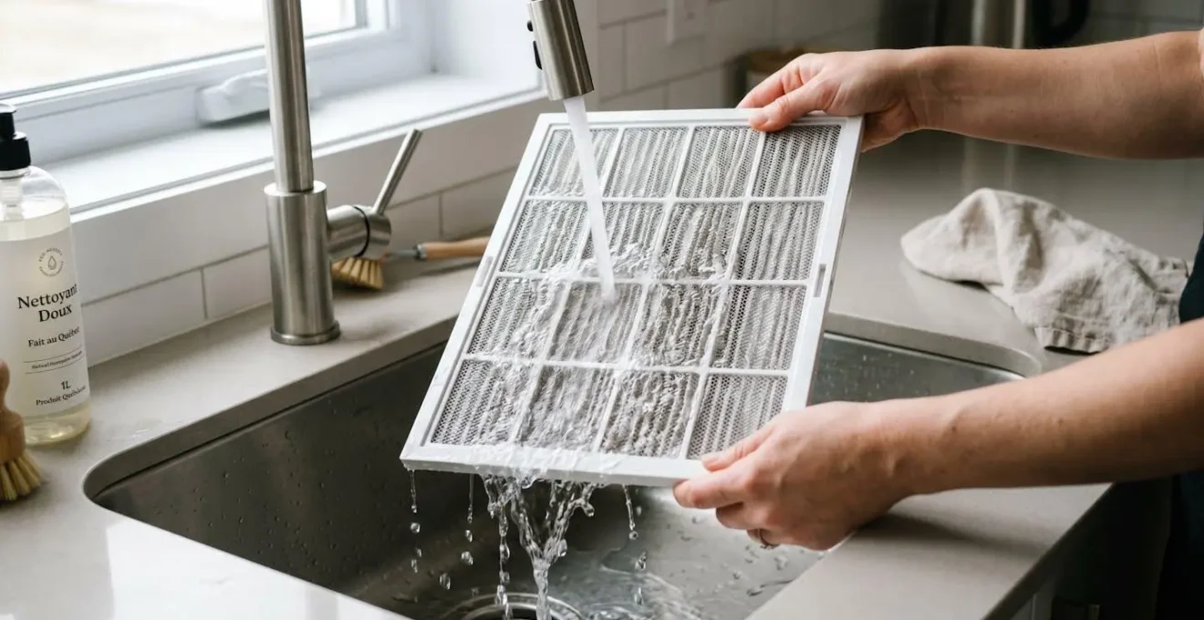 Mains tenant et rinçant à l'eau un filtre à air rectangulaire de thermopompe au-dessus d'un évier de cuisine résidentiel moderne