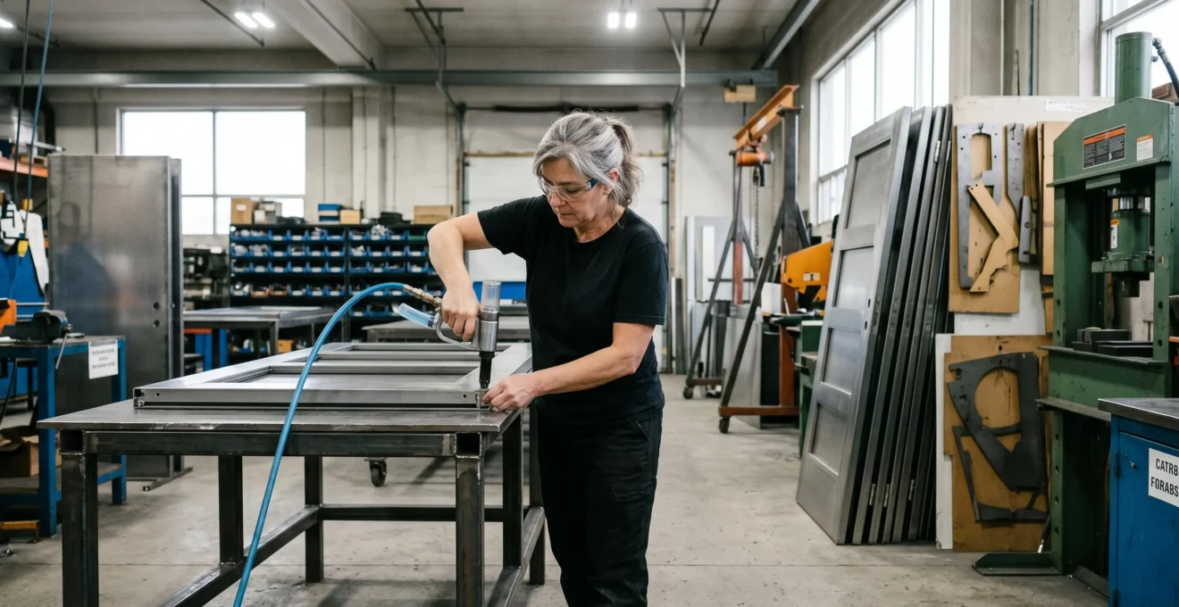 Ouvrier qualifié assemblant une porte en acier sur établi dans un atelier de fabrication québécois lumineux, équipements industriels et panneaux de portes empilés en arrière-plan