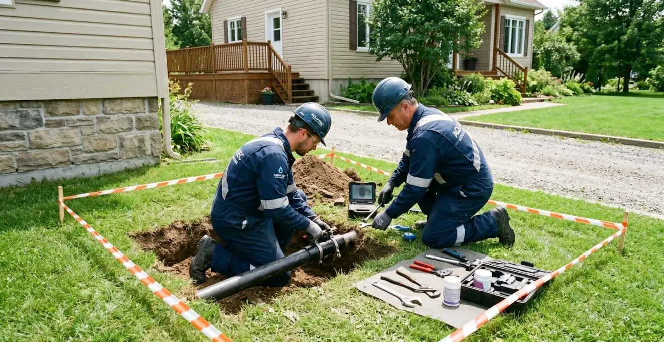 Techniciens effectuant une réparation localisée précise sur canalisation extérieure, intervention ciblée préservant l'ensemble de la propriété résidentielle