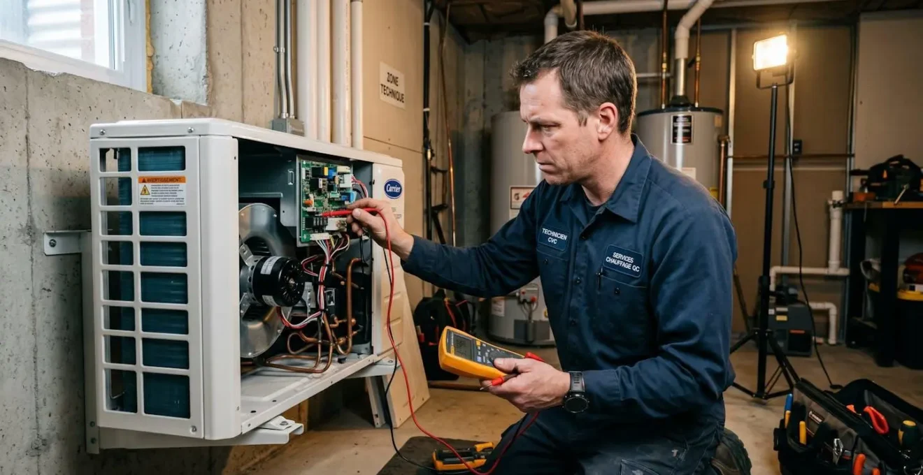Technicien certifié RBQ effectuant des mesures de diagnostic avec un multimètre sur les composants électriques internes d'une unité de thermopompe résidentielle ouverte