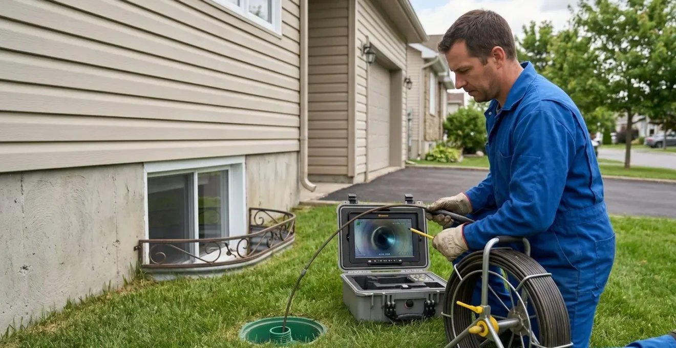 Technicien professionnel utilisant un système d'inspection par caméra HD pour diagnostiquer les canalisations d'une maison résidentielle, équipement moderne posé sur pelouse