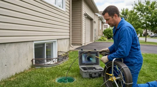 Technicien professionnel utilisant un système d'inspection par caméra HD pour diagnostiquer les canalisations d'une maison résidentielle, équipement moderne posé sur pelouse
