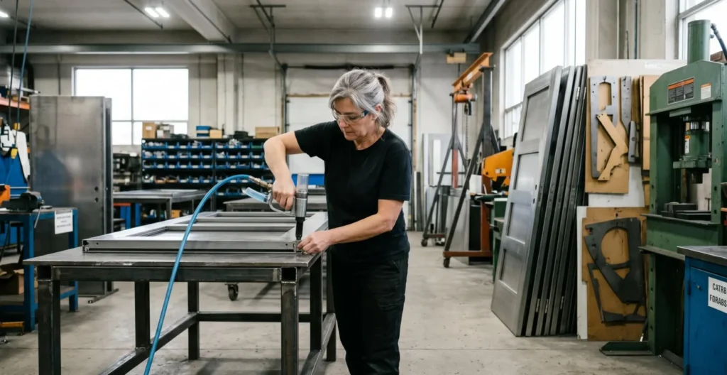 Ouvrier qualifié assemblant une porte en acier sur établi dans un atelier de fabrication québécois lumineux, équipements industriels et panneaux de portes empilés en arrière-plan Ouvrier qualifié assemblant une porte en acier sur établi dans un atelier de fabrication québécois lumineux, équipements industriels et panneaux de portes empilés en arrière-plan