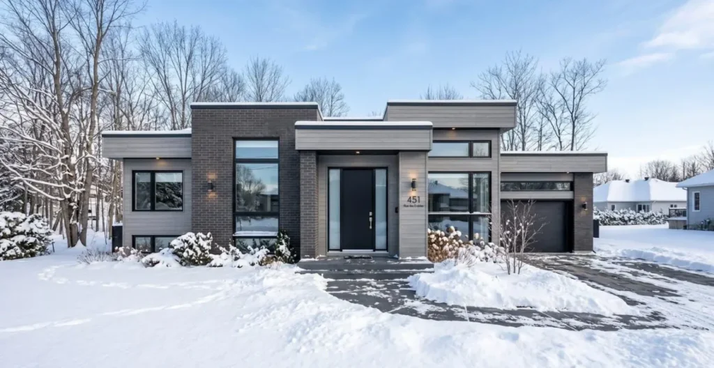 Porte d'entrée moderne en acier noir mat avec vitrail givré sur façade résidence québécoise contemporaine en hiver, neige fraîche au sol, aucun givrage visible sur les joints Porte d'entrée moderne en acier noir mat avec vitrail givré sur façade résidence québécoise contemporaine en hiver, neige fraîche au sol, aucun givrage visible sur les joints